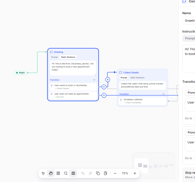 Step-by-step booking setup: a greeting step that sends callers who want to book or reschedule to a step that collects their details.