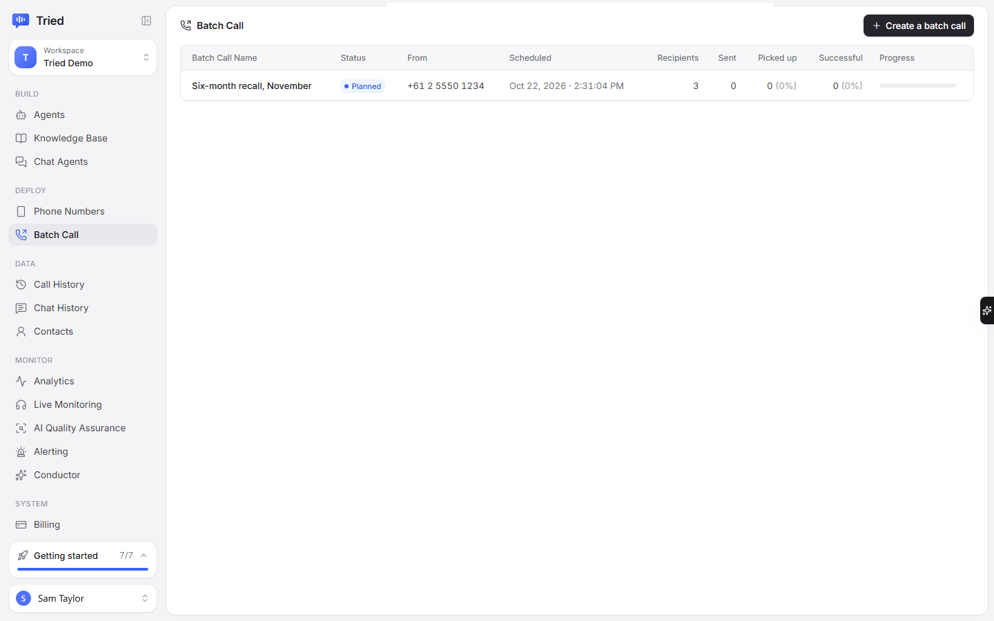 Batch calls: a scheduled six-month recall list with recipients, calls sent, picked up and progress.