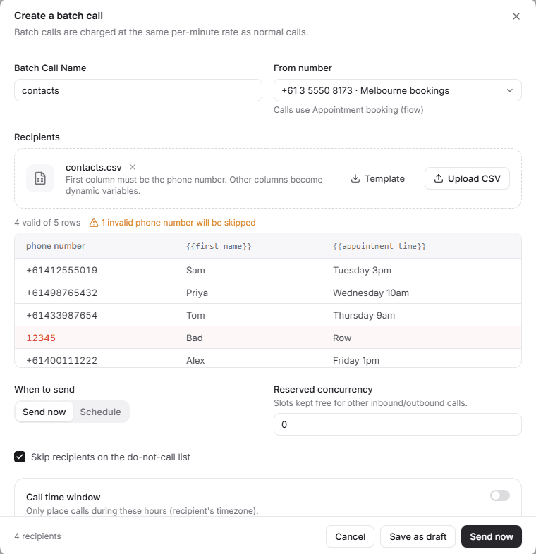 Create a call list with contacts.csv uploaded: four valid rows, one invalid phone number skipped, send now or schedule, and calling hours.