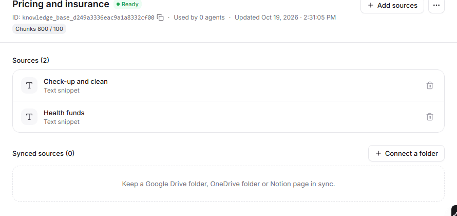 A knowledge base called Pricing and insurance with two text sources, and an option to connect a Google Drive folder, OneDrive folder or Notion page.