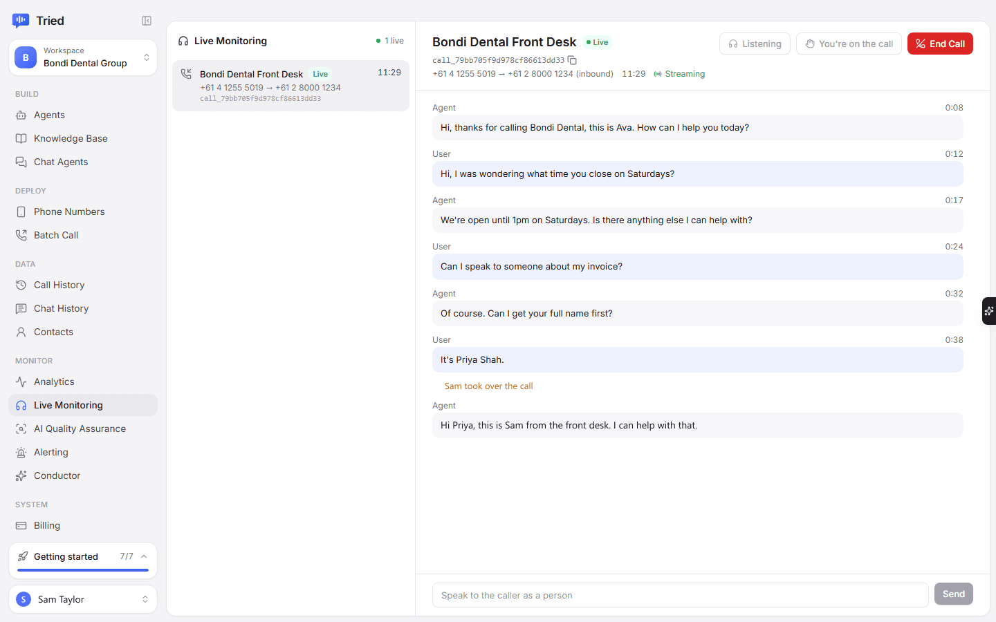 Live monitoring in Tried: a call in progress with its running transcript, and a team member who has taken over the call.