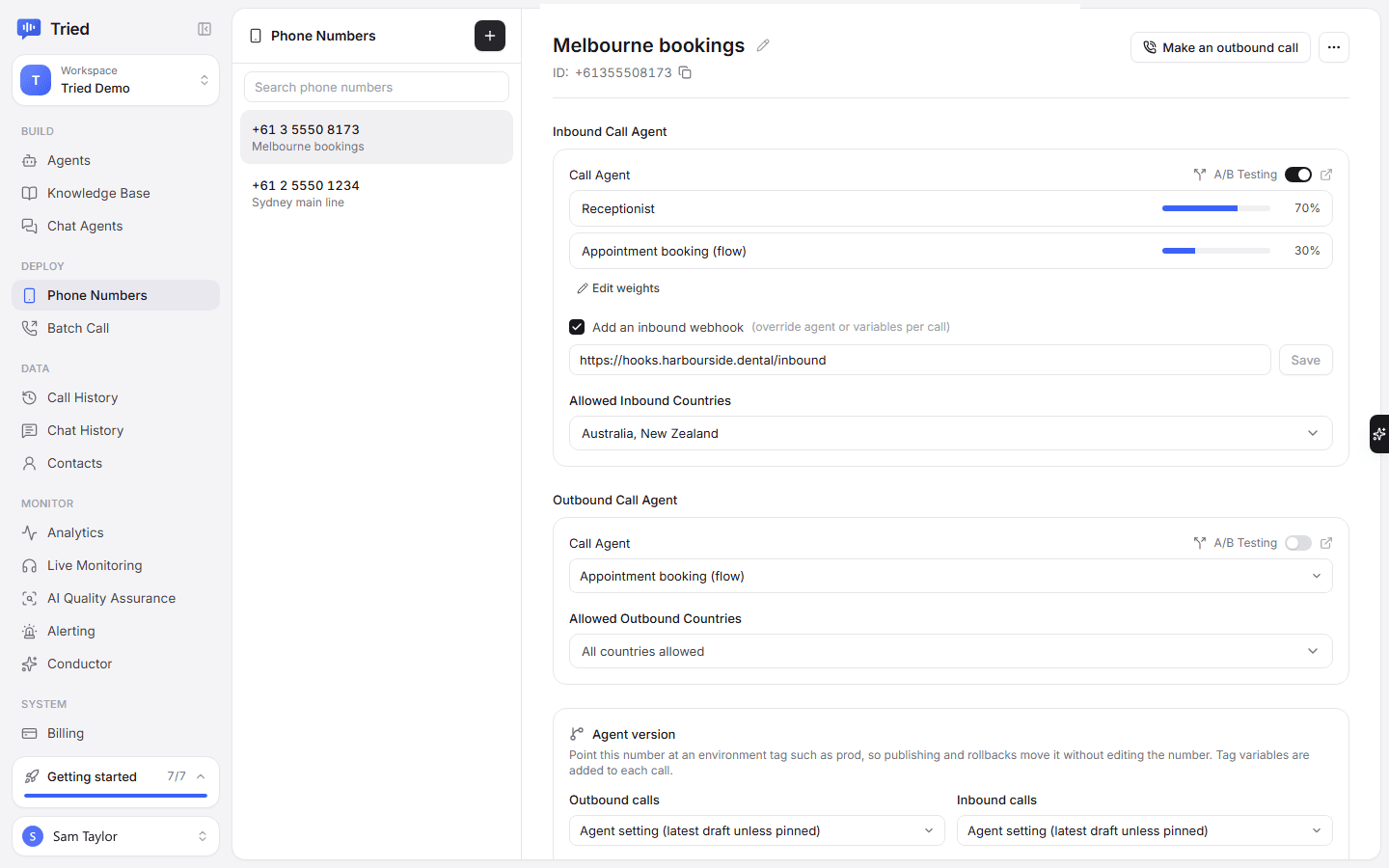 Phone number settings with A/B testing on: 70% of calls go to the receptionist agent and 30% to the appointment booking flow.